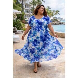 Vintage Plus Size Maxi Dress 26W Blue Floral Flowy Resort Cruise Boho 1990s Y2k